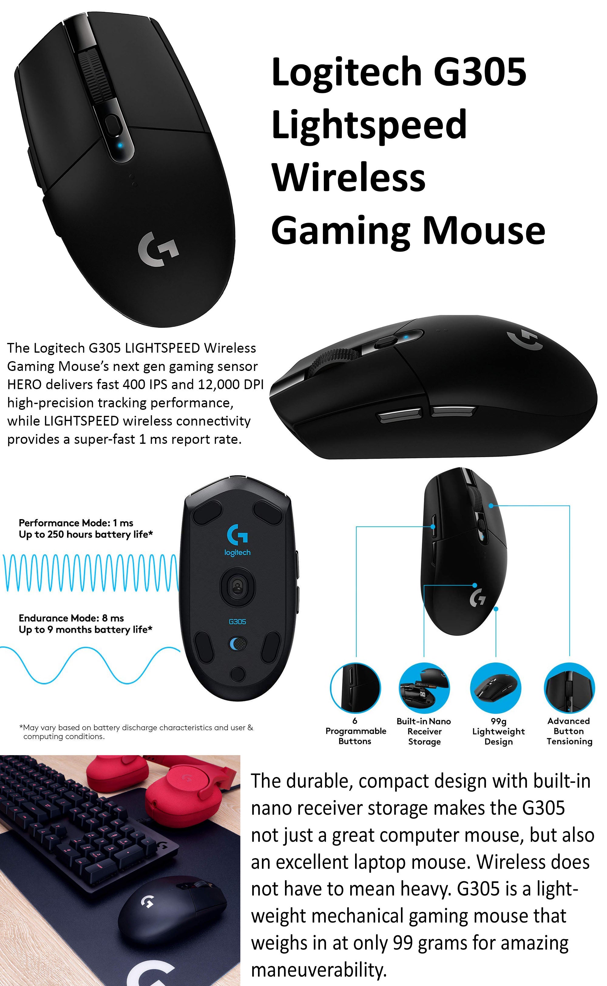 Logitech G305 LIGHTSPEED Wireless Gaming Mouse, Hero 12K Sensor