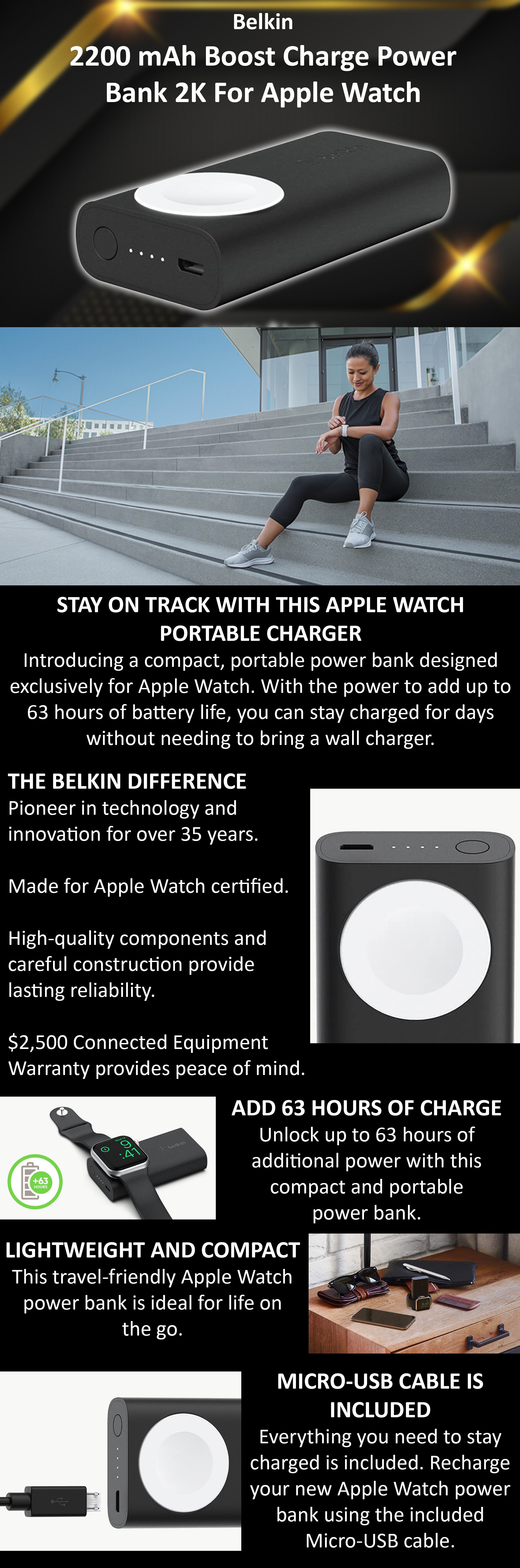 NEW Belkin Boost Charge Power Bank 2K for Apple Watch F8J233BTBLK