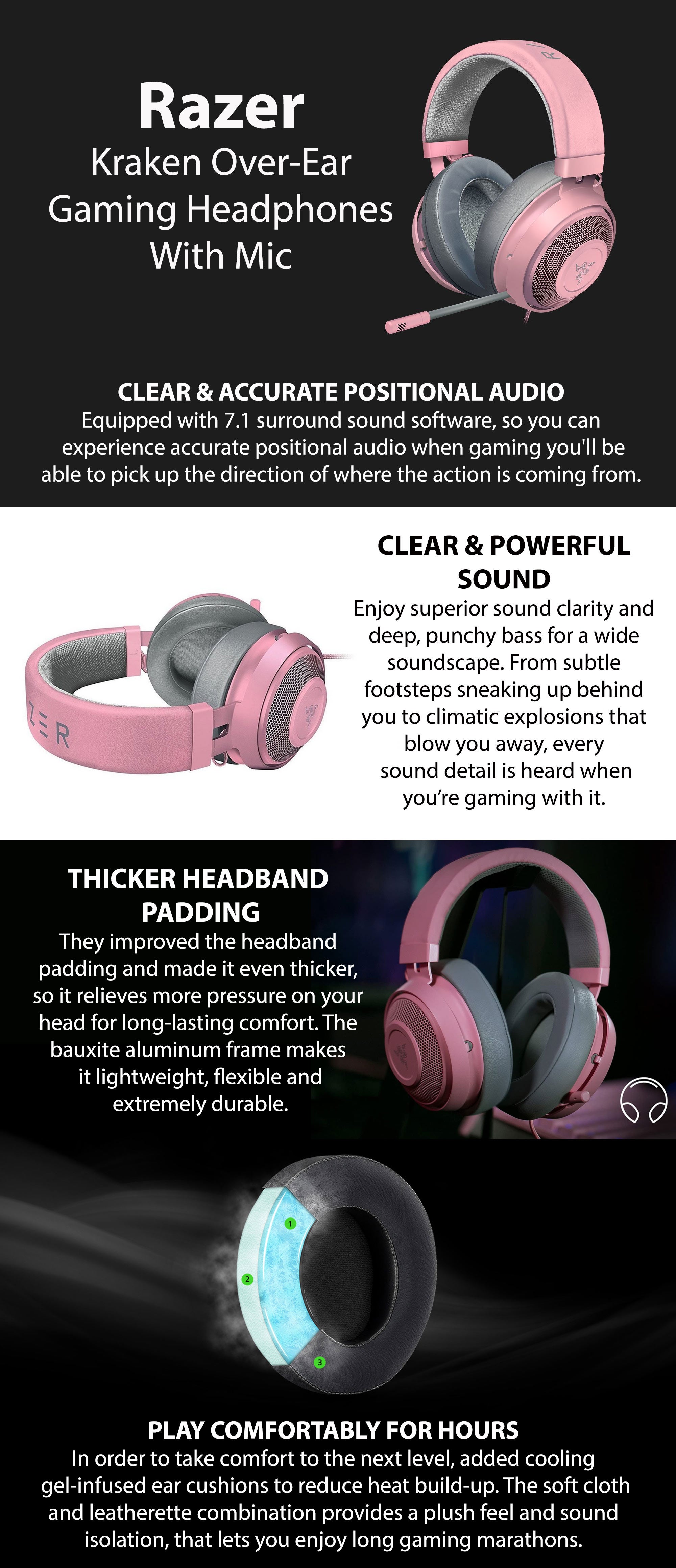  Razer Kraken Gaming Headset: Lightweight Aluminum Frame,  Retractable Noise Isolating Microphone, For PC, PS4, PS5, Switch, Xbox One,  Xbox Series X & S, Mobile, 3.5 mm Audio Jack - Quartz Pink 