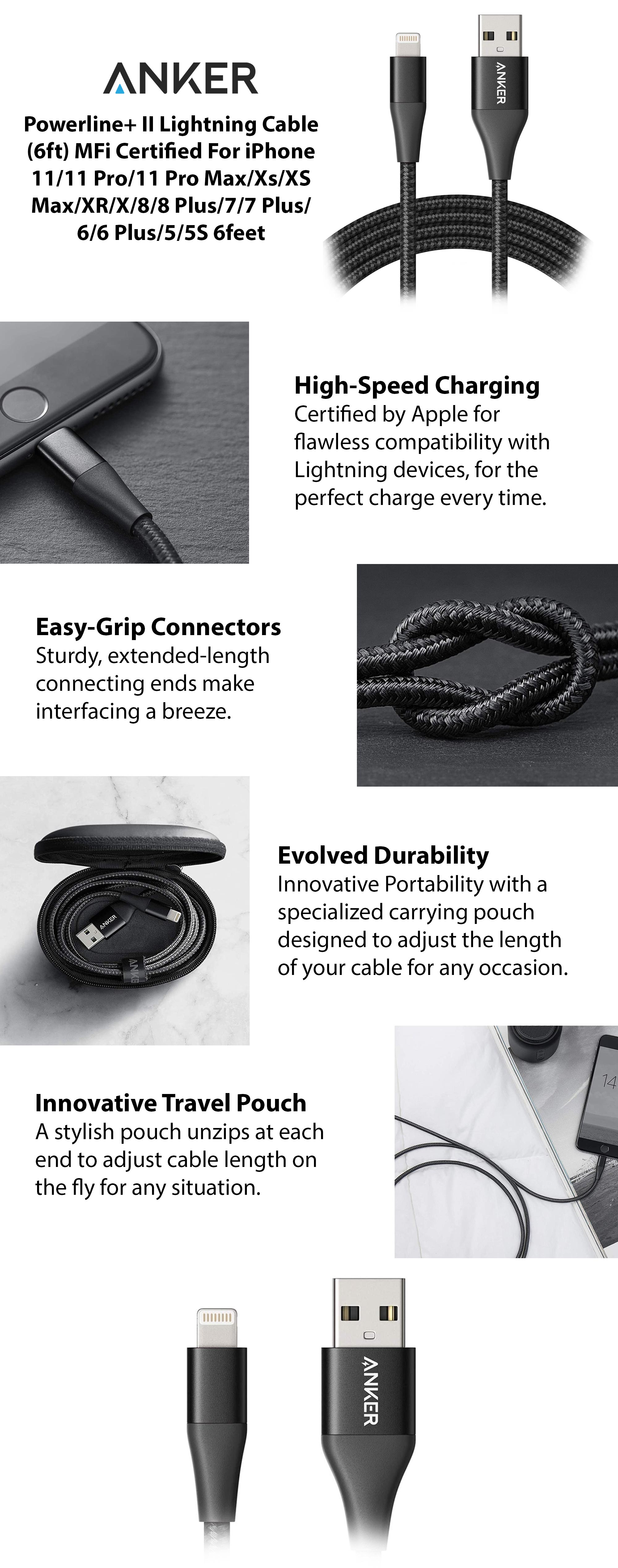  Anker 6ft Premium Double-Braided Nylon Lightning Cable, Apple  MFi Certified for iPhone Chargers, iPhone X/8/8 Plus/7/7 Plus/6/6 Plus/5s,  iPad Pro Air 2, and More(Black) : Electronics