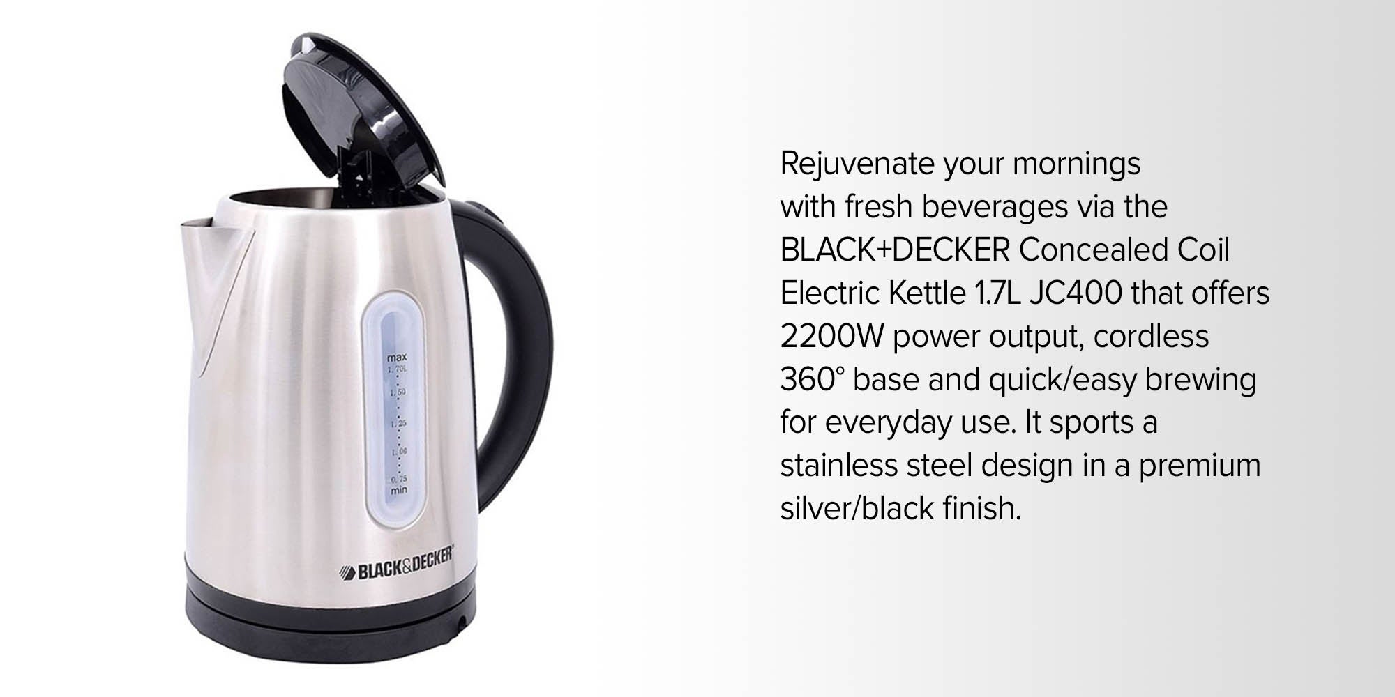 Black+Decker 1.7 Liter Concealed Coil Electric Kettle, White/Grey