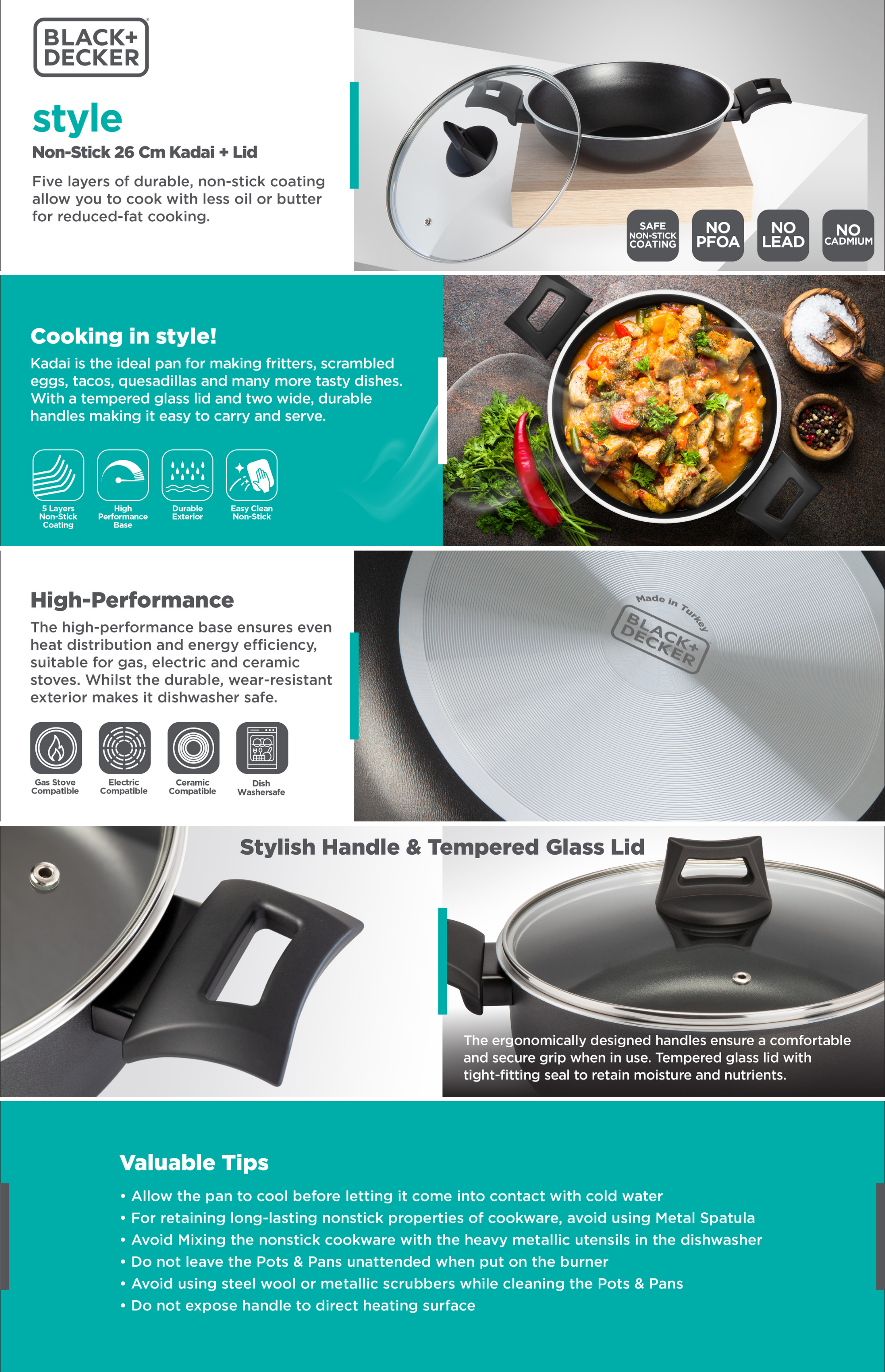 BLACK DECKER Non Stick Kadai Wok Pan with Glass Lid and 5 Layer