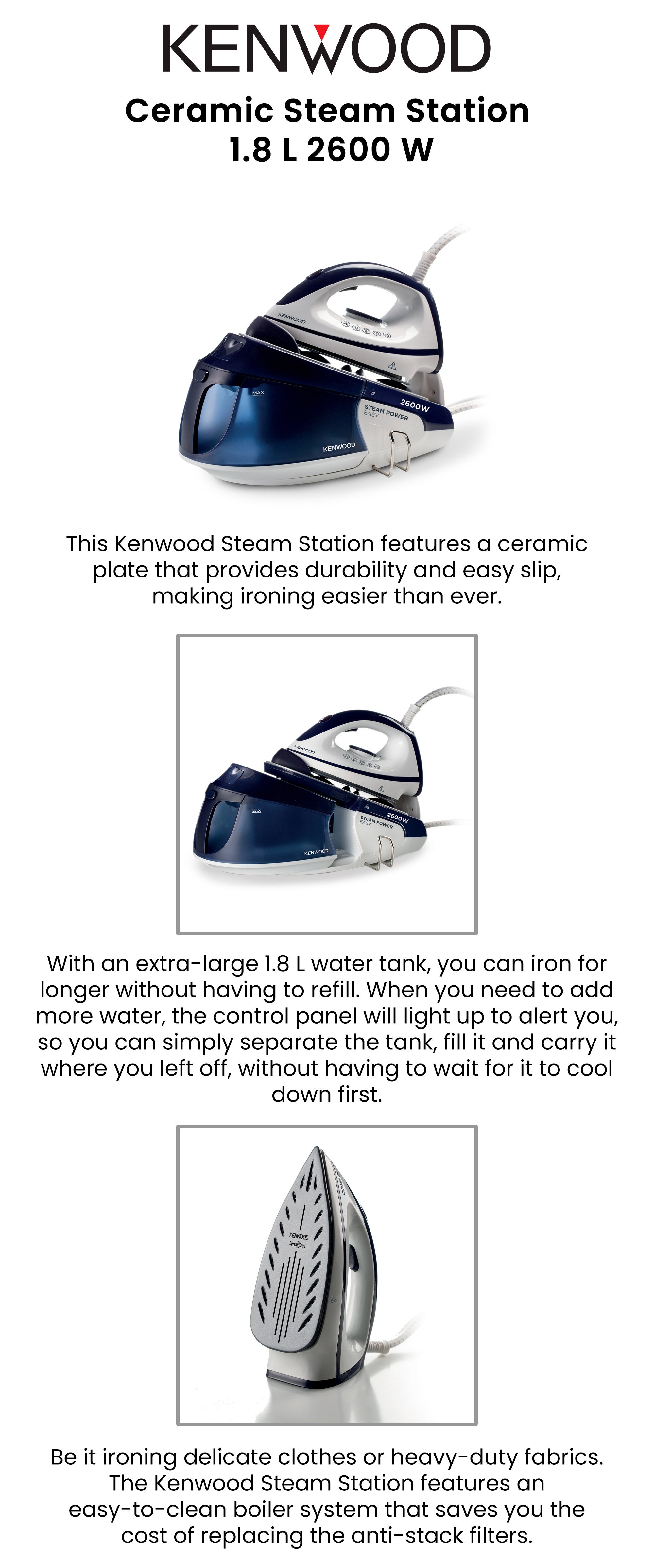 Kenwood Steam Iron Station 2600W with 1.8L Water Tank Capacity, Ceramic Soleplate, 180g Shot, Anti Drip, Auto Shut Off, Self Clean Function SSP20.000WB