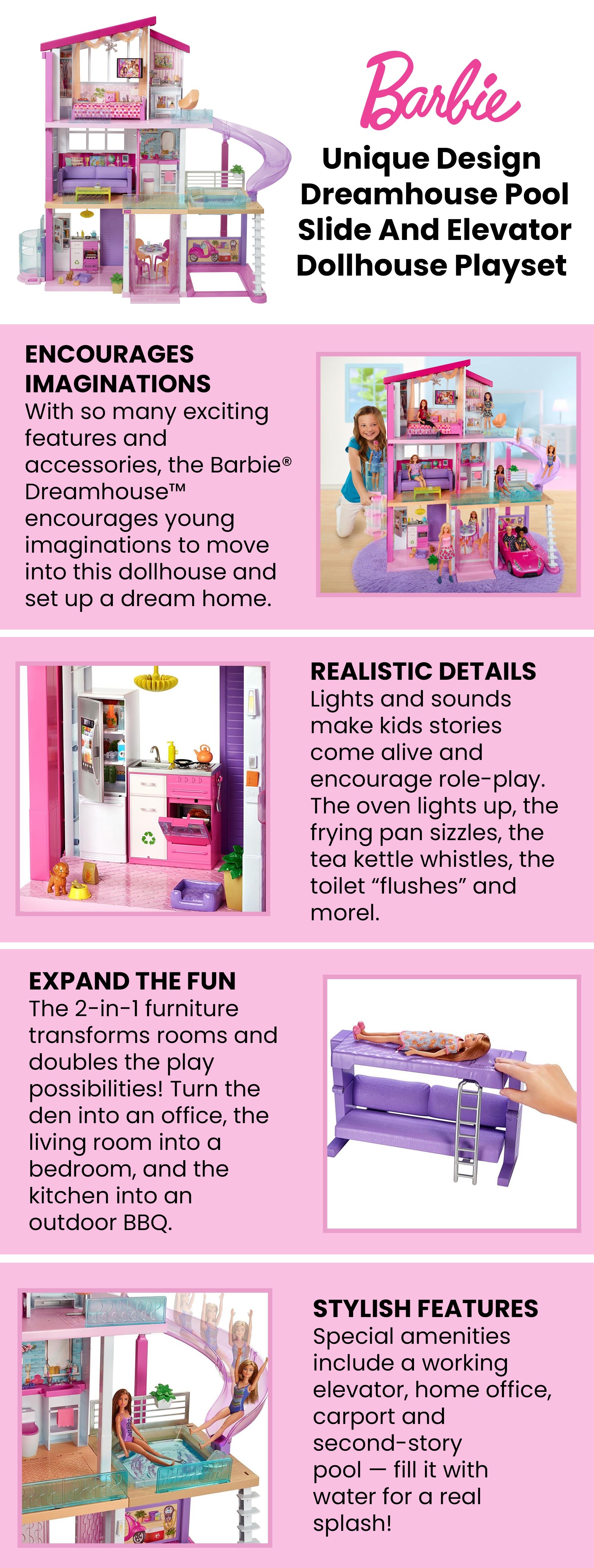 Barbie Dreamhouse 3 Story Dollhouse Playset w/ Pool, Slide