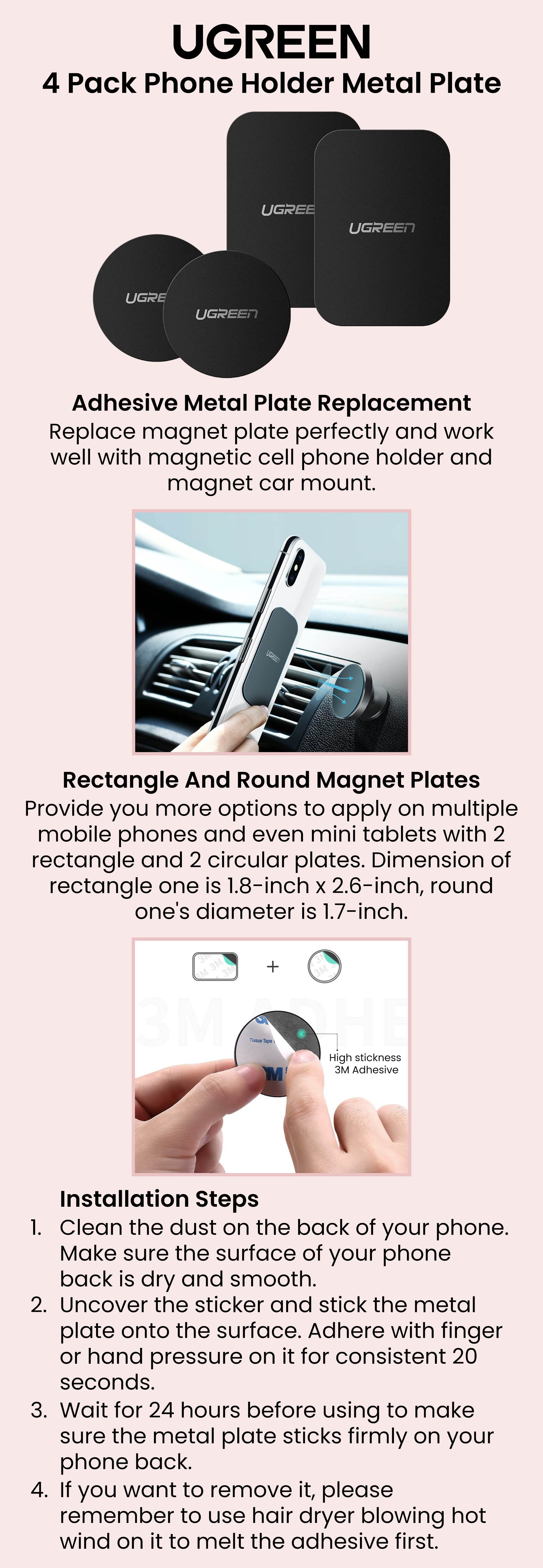 Ugreen Metal Plate 4 Pack Replacement Magnet Plate Car Kit 2 Round