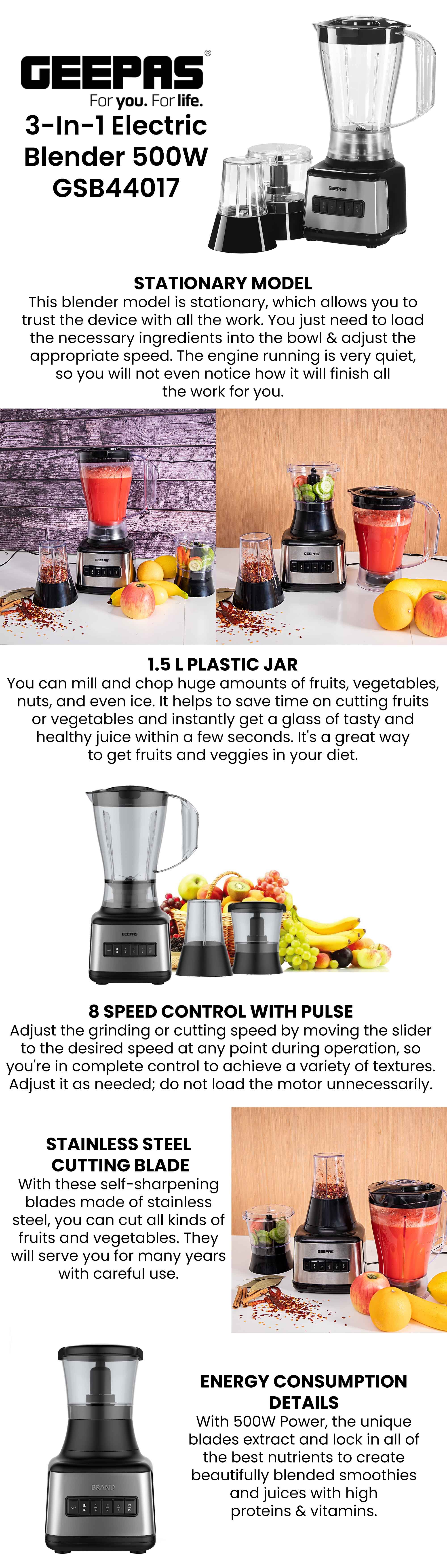 Geepas GSB44017 500W 3 in 1 Stainless Steel Blender - 8 Speed Control ,  1.5L Plastic jar, 4 Sharp Blades & 2 Blending Preset Juicer- Mill &  Chopping Blender, Anti-Slip feet Design