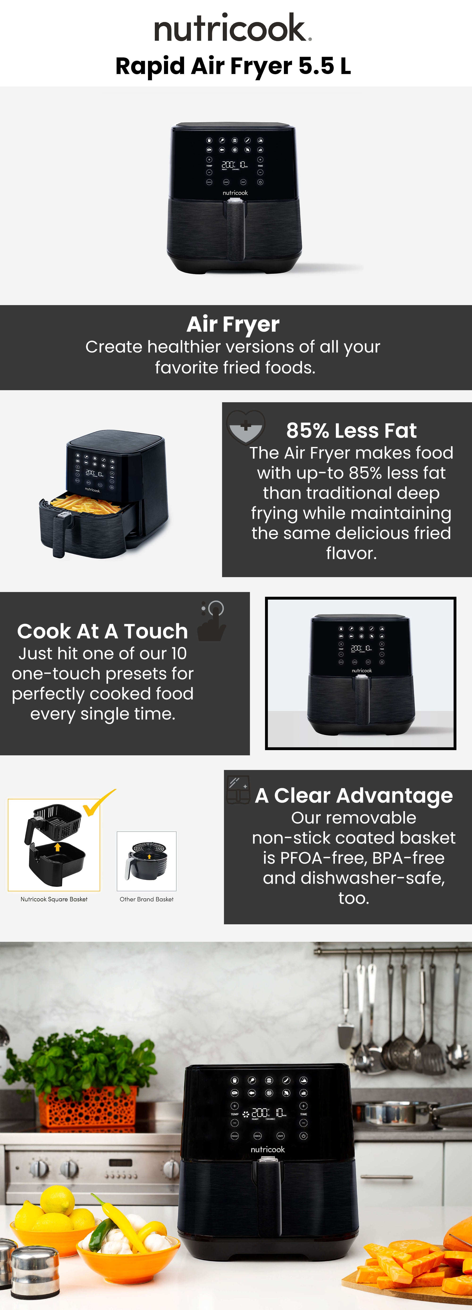 Nutricook Rapid Air Fryer, Digital Control Panel Display, 1700 Watts