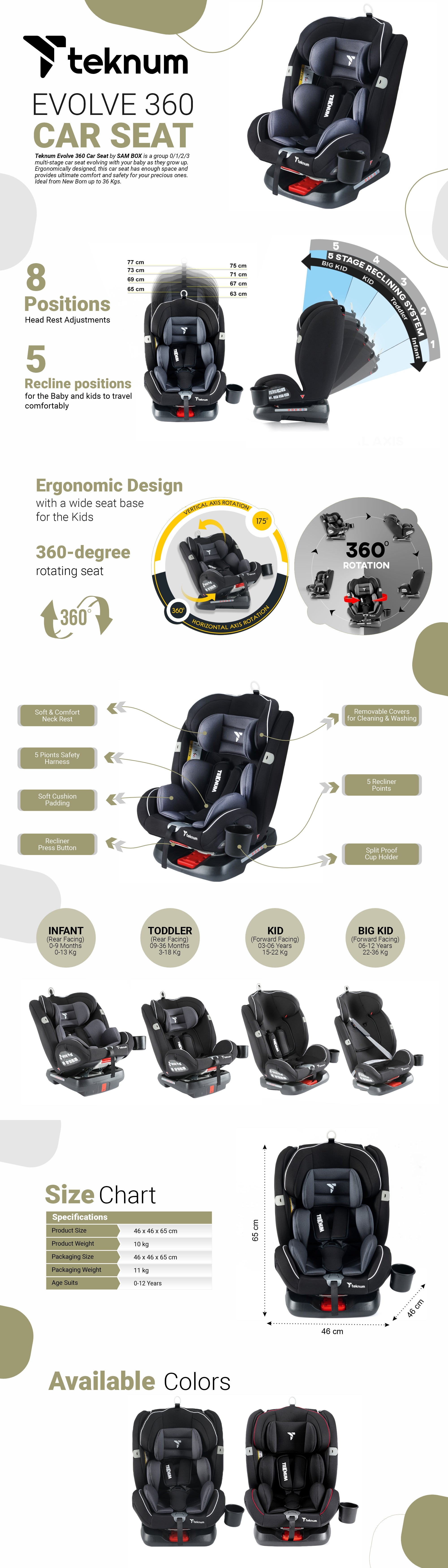 Teknum Evolve 360 Rotating Baby Comfortable Car Seat With Soft Cushion Safety Harness And Bottle Holder Uae Dubai Abu Dhabi