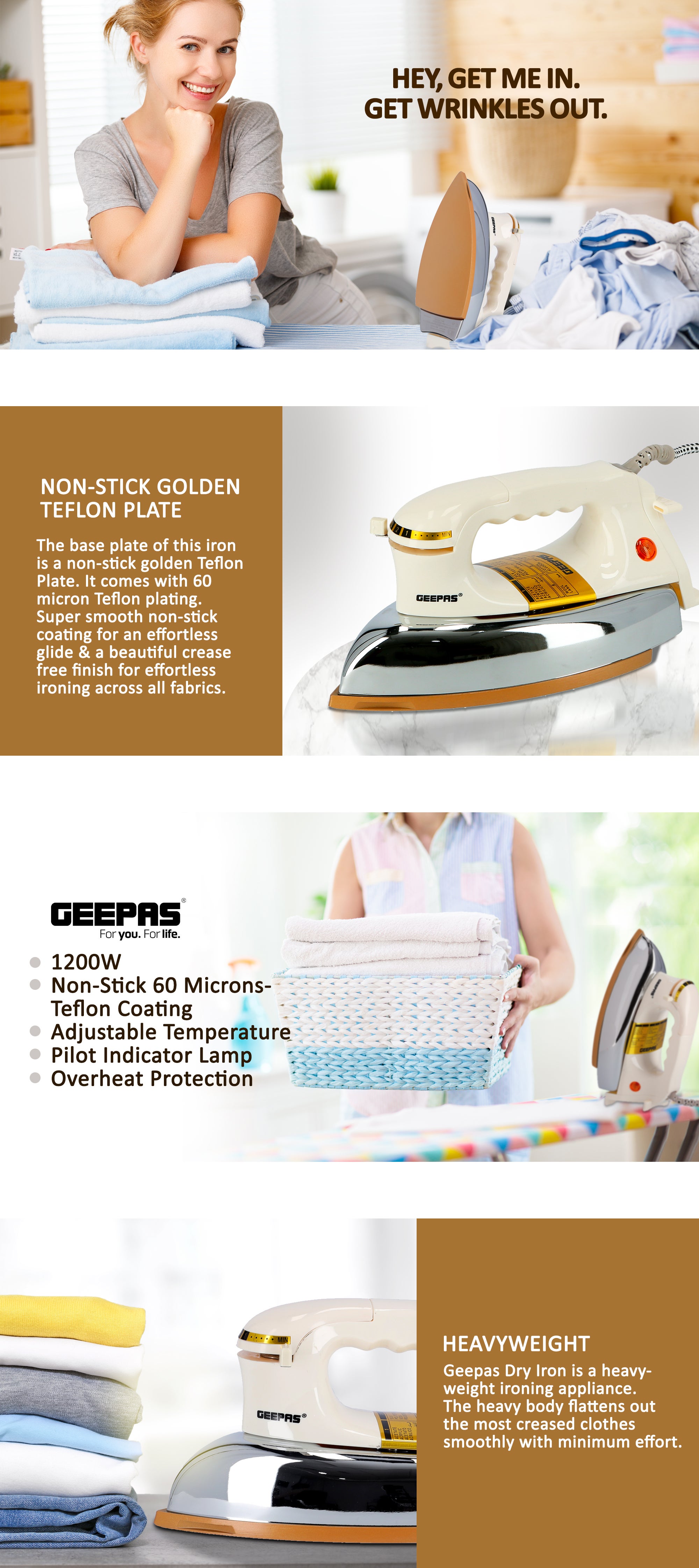 Geepas 1200W Light Weight Dry Iron - Automatic Dry Iron, Electric