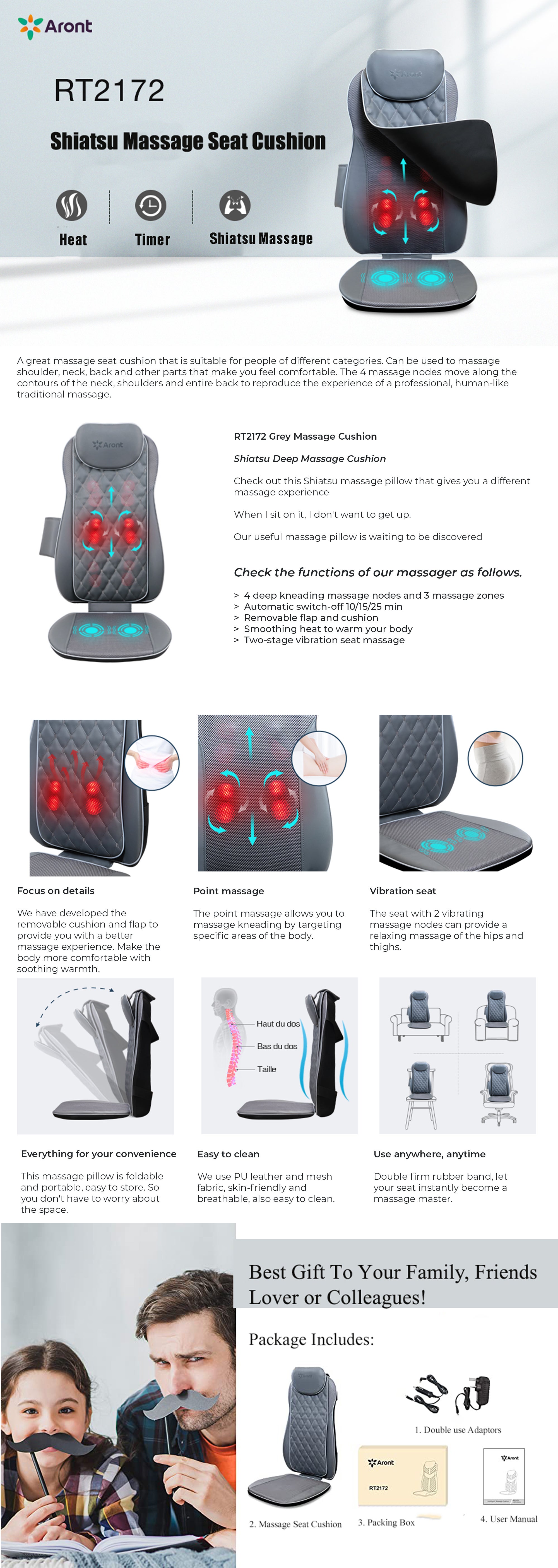 Aront Shiatsu Back Massage Cushion with Heat -Electric Back