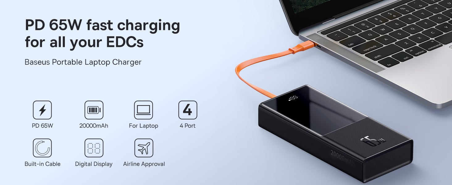 Baseus Power Bank, 65W 20000mAh Laptop Portable Charger, Fast Charging USB  C 4-Port PD3.0 Battery Pack for MacBook Dell XPS IPad iPhone 14/13/12 Pro