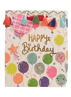 Miniso White With Tassels Balloon Party Collection Birthday Joy Upright-Design Gift Bag, M