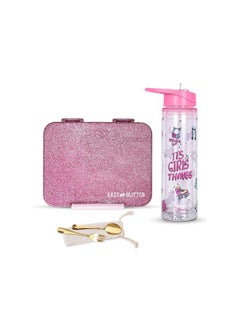 Eazy Kids 6 And 4 Convertible Bento Lunch Box With Double Wall Water Bottle And Spoon Fork Set, Glitter Pink