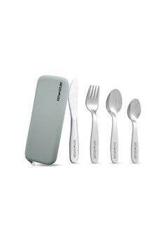 Eazy Kids Set Of 4 Cutlery (Spoon, Fork, Knife & Tea Spoon) With Silicon Pouch – Grey