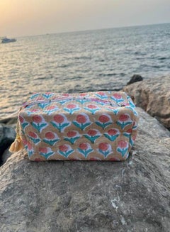 Tohfa luxe Doze Handmade Block Printed Cotton Pouch – Large Travel Makeup & Toiletry Bag, Waterproof Lined, Sustainable Handcrafted Mustard & Rust Organizer