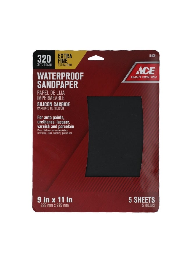 Ace 5-Piece 320 Grit Silicon Carbide Waterproof Sandpaper Black 9 x 11 Inch 19808