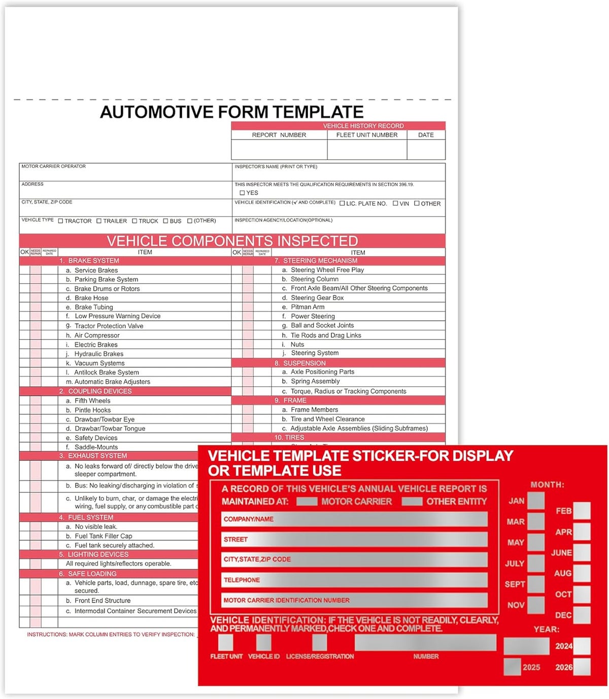 YNXPTBNC Red Vehicle Form Template Sticker,5 Sets Vehicle Information ...