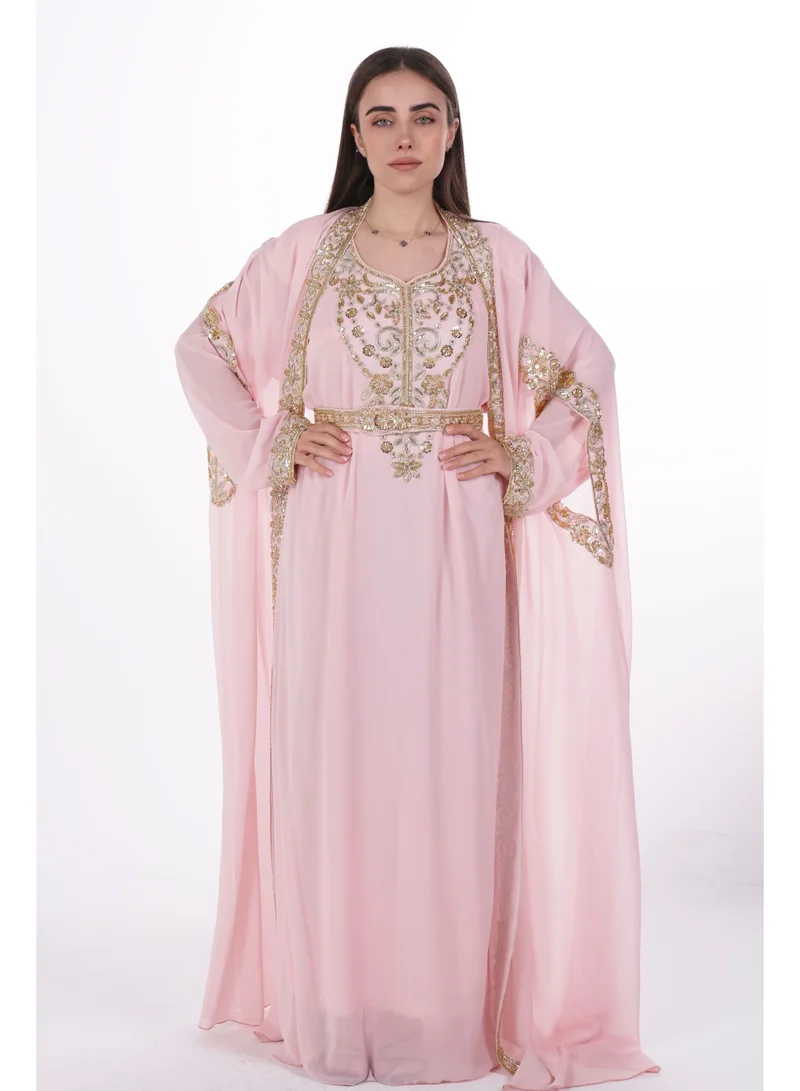 AL BENT AL SHARQIEH pink emboidered chiffon kaftan dress for Women | Best  Price Oman
