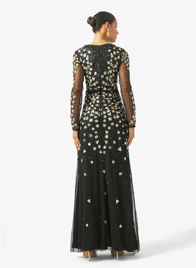namshi evening dresses Navy Sequin Long Sleeve Evening Dress With Trail main image 1