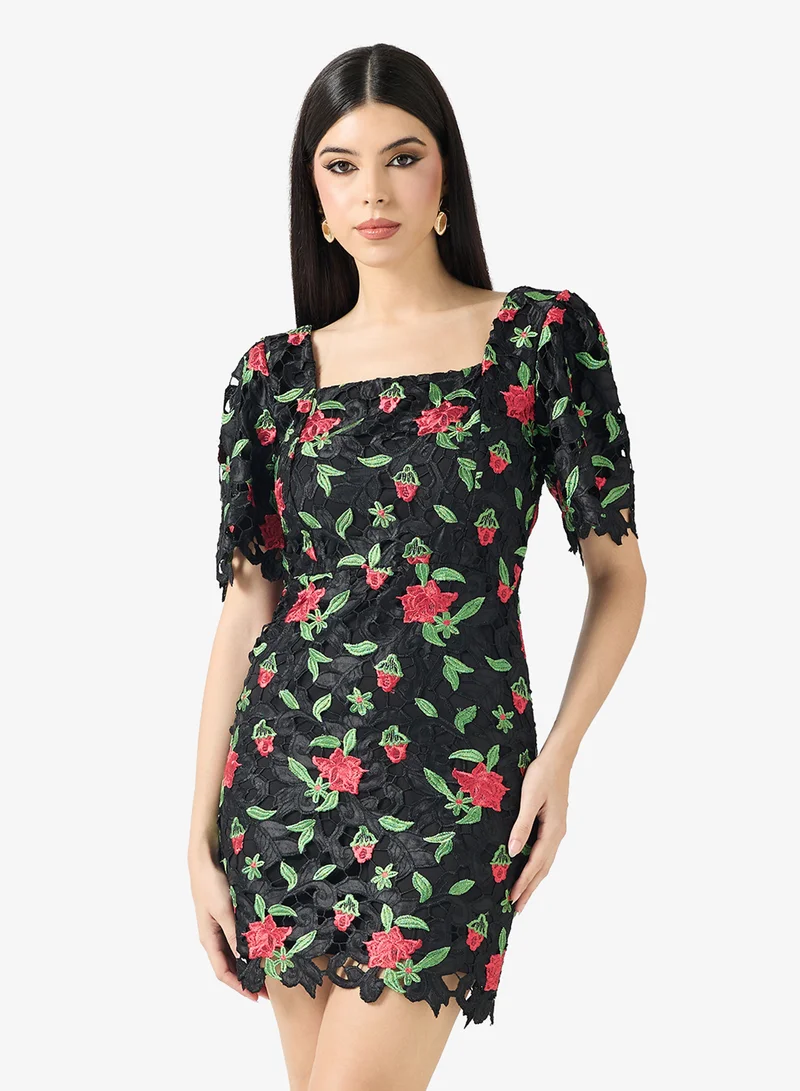 Just Me Floral Embroidered Lace Square Neck Flared Sleeve Scalloped Hem Mini  Dress for Women | Best Price KSA