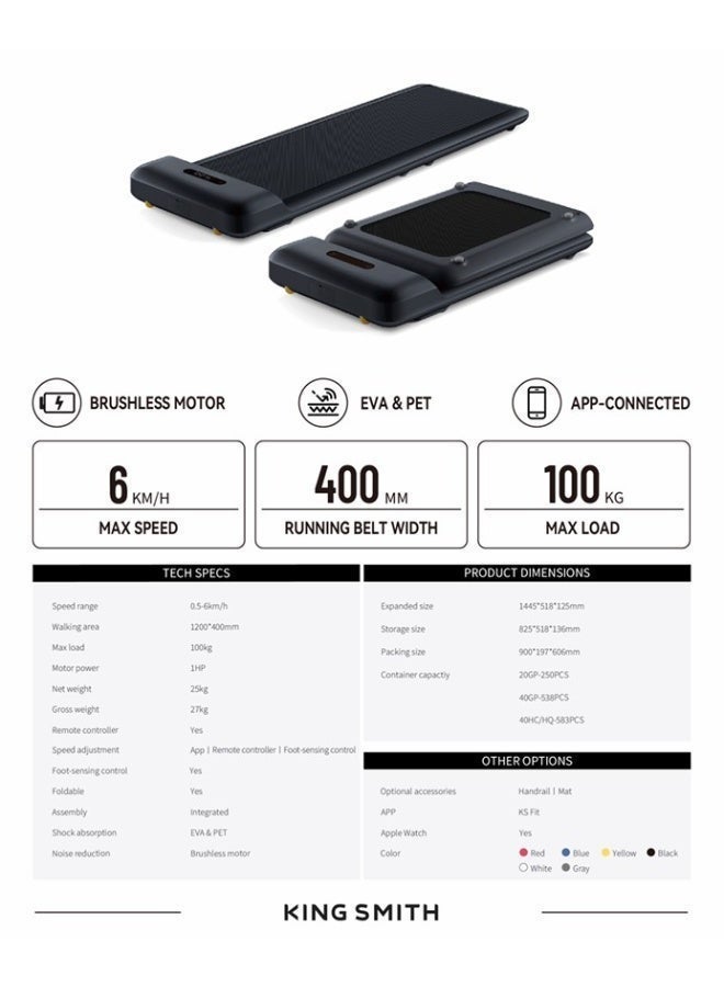 Kingsmith WPS1F WalkingPad C2 | Patented "folding" technology | up to 6 km/h speed range | 25Kg light and flexible | Overload protection | Brushless 1HP DC Motor | upto 100Kg weight capacity | with remote control | Black image 7