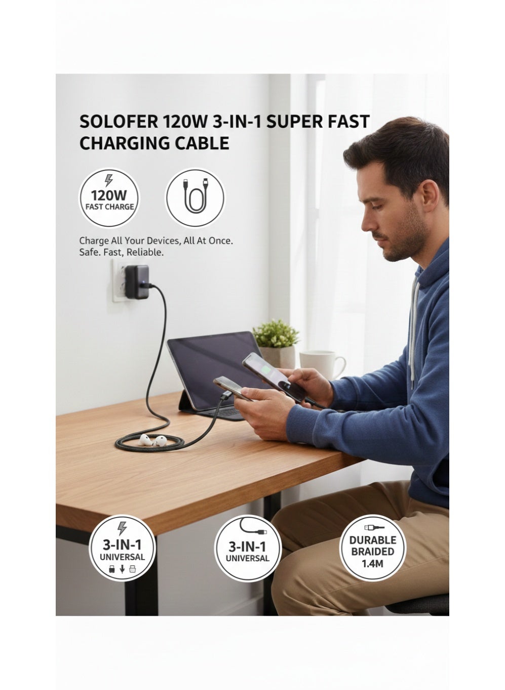 Soloffer Soloffer 120W 3-in-1 Super Fast Charging Cable [1.4M], 6A High ...