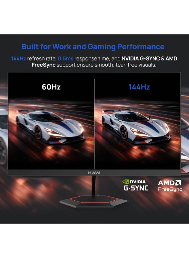 HAW Q27IPY 27-Inch QHD Gaming Monitor, 2560×1440 IPS Display, 144Hz Refresh Rate, 0.5ms MPRT, HDMI 2.1 Supported, FreeSync & G-Sync Compatible, Built-in Speakers, Flat Screen, PC & Console Ready – Black image 3