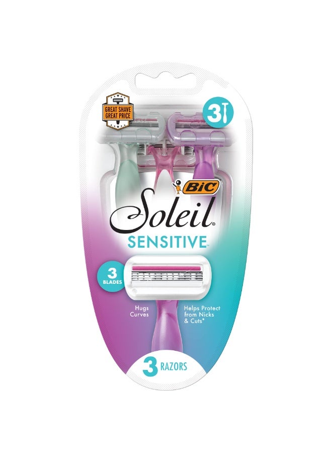 BIC Soleil Sensitive Women's Disposable Razors Pack of 3 Triple-Blade Shavers with Extra-Gentle Aloe Vitamin E Strip & Pivoting Head for Sensitive Skin Smooth Leg & Body Shave