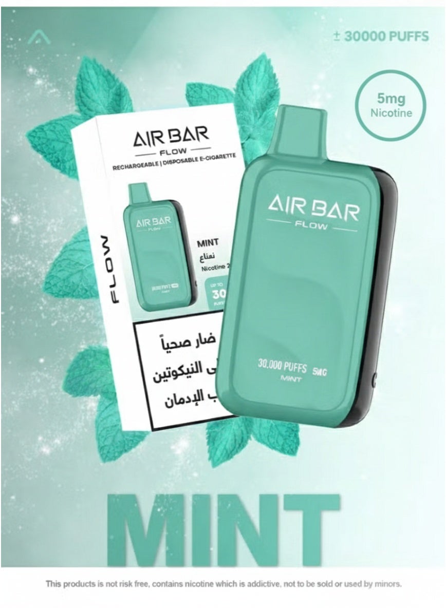 5mg nicotine disposable vape Air Bar Flow Mint 30000 Puffs Rechargeable | Best Price KSA Type:TPD Superblend 210 Vaporesso VIBE Replacement Pods