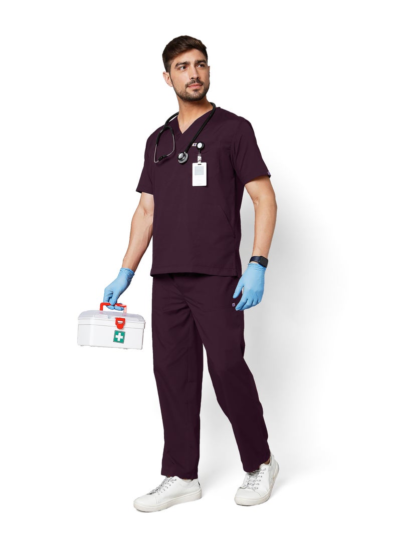 KNYA Active Men's 5-Pocket Scrub Suit | Set of Top & Bottom | Half Sleeves | V Neck | Breathable Fabric | Comfortable | Durable | Uniform for Doctors, Nurses and Dentists, Wine