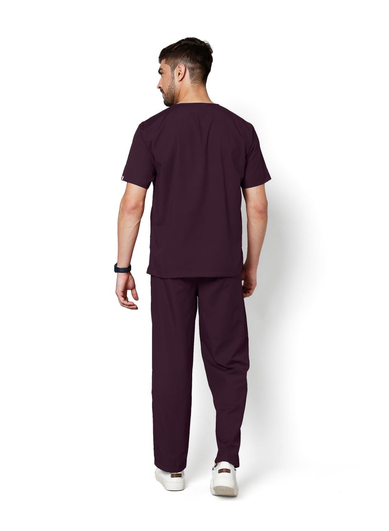 KNYA Active Men's 5-Pocket Scrub Suit | Set of Top & Bottom | Half Sleeves | V Neck | Breathable Fabric | Comfortable | Durable | Uniform for Doctors, Nurses and Dentists, Wine image 2
