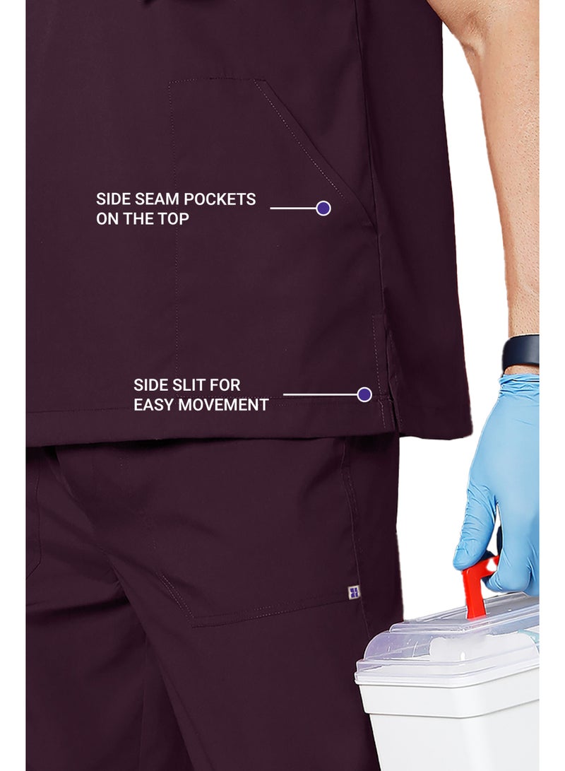 KNYA Active Men's 5-Pocket Scrub Suit | Set of Top & Bottom | Half Sleeves | V Neck | Breathable Fabric | Comfortable | Durable | Uniform for Doctors, Nurses and Dentists, Wine image 3