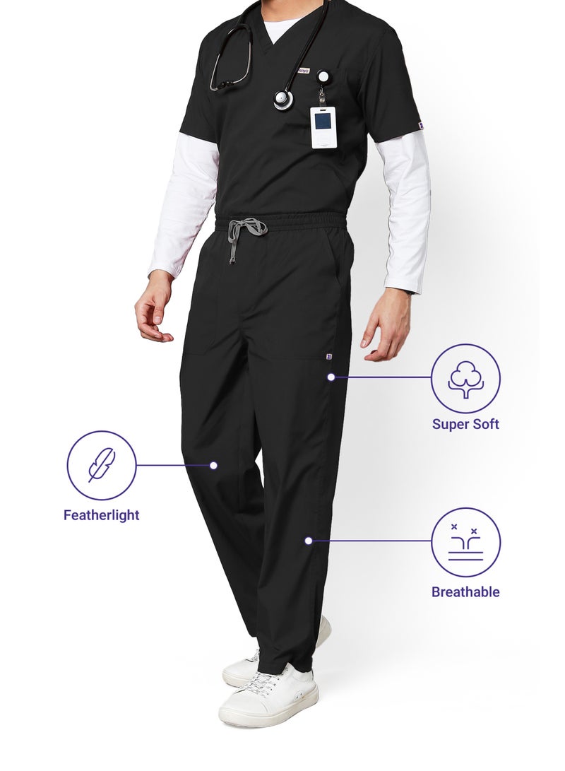 KNYA Active Men's 5-Pocket Scrub Suit | Set of Top & Bottom | Half Sleeves | V Neck | Breathable Fabric | Comfortable | Uniform for Doctors, Nurses and Dentists, Black image 5