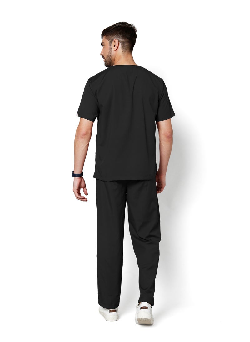 KNYA Active Men's 5-Pocket Scrub Suit | Set of Top & Bottom | Half Sleeves | V Neck | Breathable Fabric | Comfortable | Uniform for Doctors, Nurses and Dentists, Black image 2