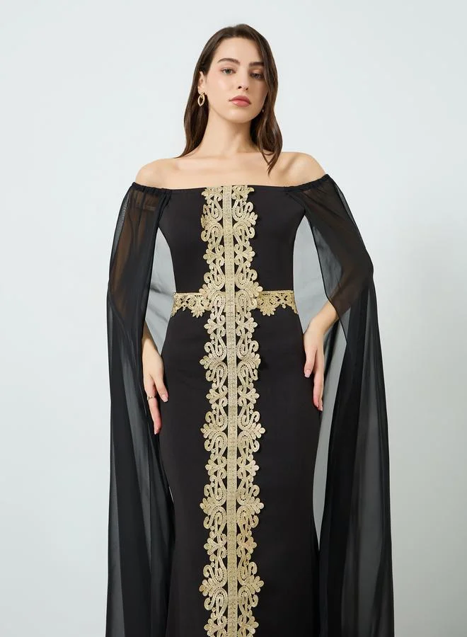 sachin and babi light blue dress Black Off-Shoulder Satin Gown with Sheer Embroidered Corset and High Slit  GL3623