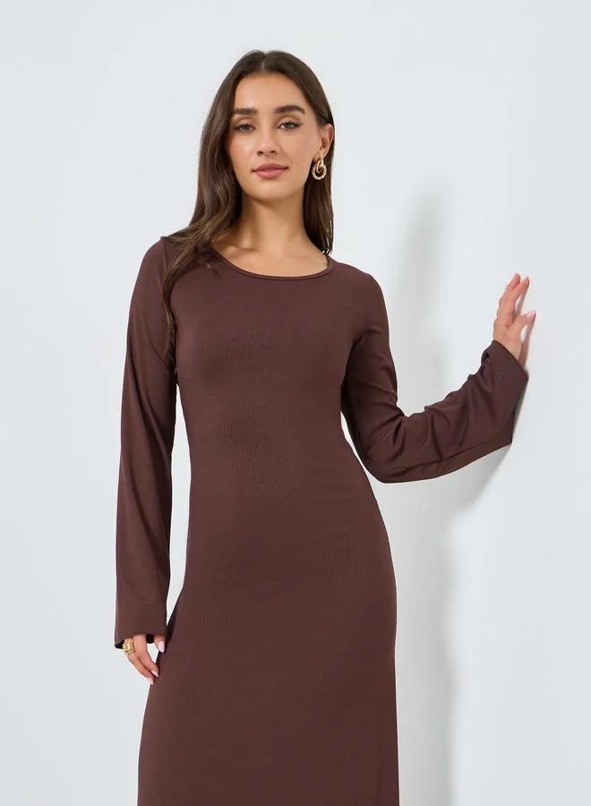 Styli Women Brown Round Neck Bodycon Maxi Dress for Women