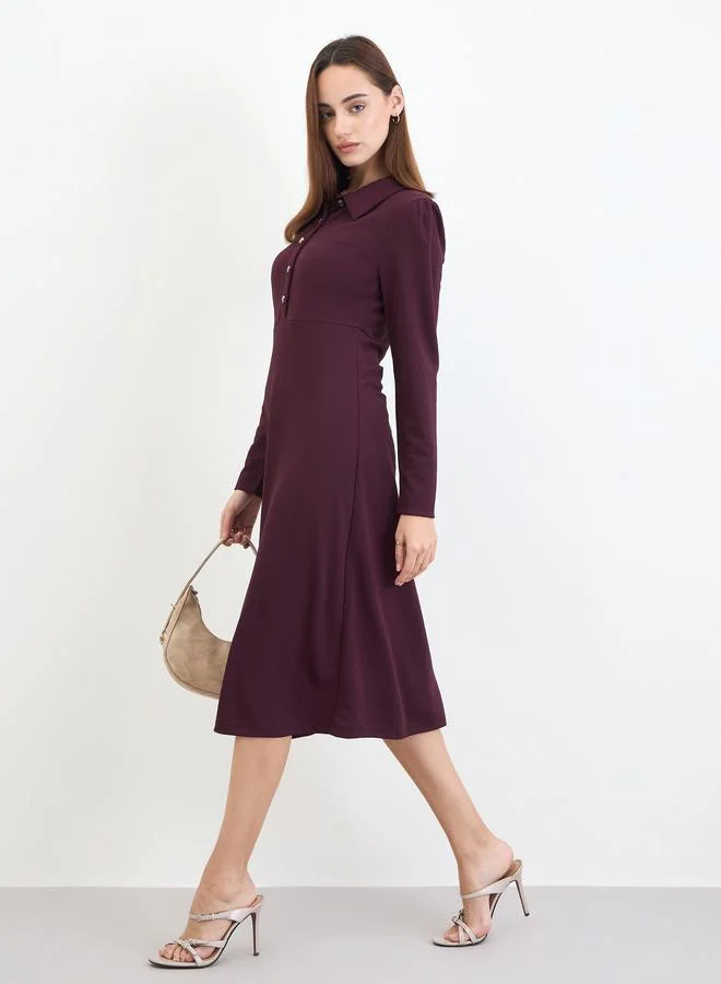 Styli Women Burgundy Polo Neck A-Line Midi Dress for Women | Best Price Qatar Styli Women Burgundy Polo Neck A-Line Midi Dress for Women | Best Price Qatar