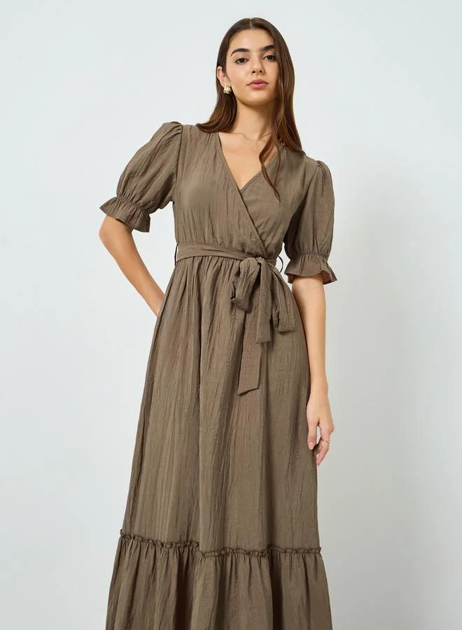 Styli Women Brown Textured Tiered Maxi Dress for Women | Best Price Oman