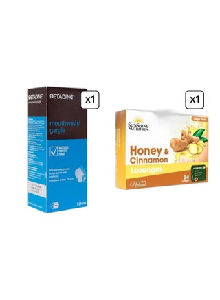 Sunshine Nutrition Honey & Cinnamon Lozenges + Betadine Mouthwash & Gargle Combo