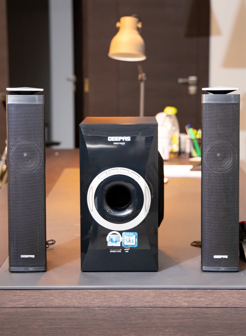 GEEPAS - 2.1 Multimedia Speaker Home Theatre System With Bass Hi Fi Surround Sound USB SD Card Reader Remote Controller And Digital LED Display GMS7494N Black - Image 1
