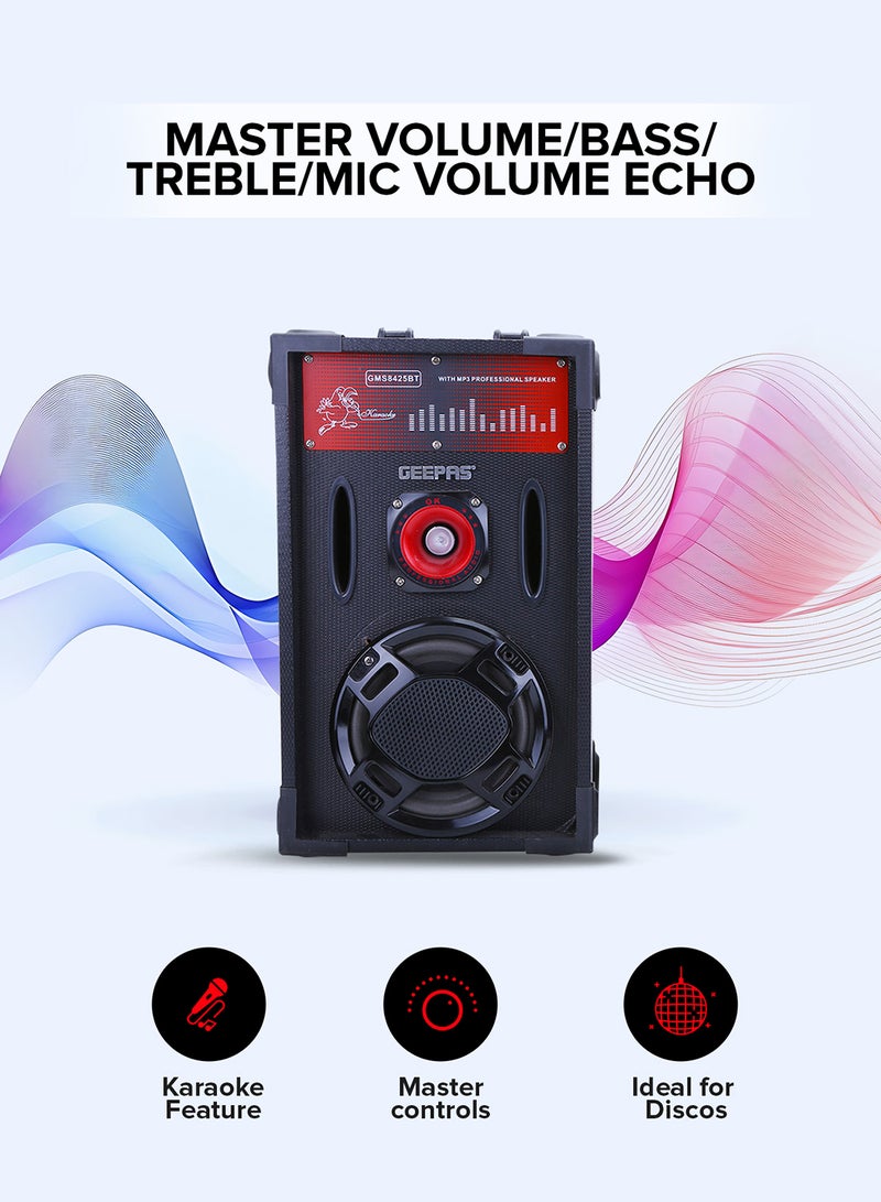 مكبرات صوت احترافية 2.0 قناة - 16000 PMPO | مع ميكروفون سلكي | بطاقة USB/SD، راديو FM | مثالي للمراقص والغناء والكاريوكي GMS8425 باللون الأسود GMS8425 أسود