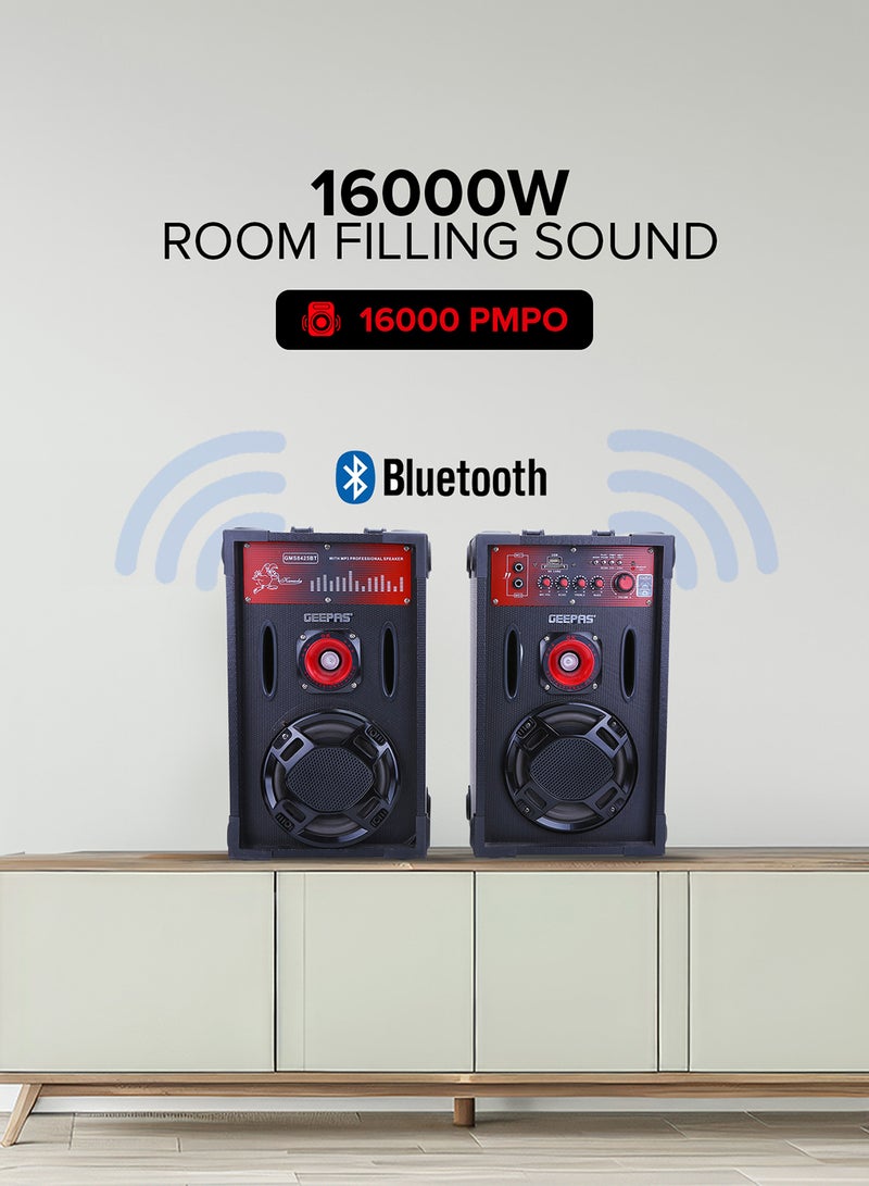 مكبرات صوت احترافية 2.0 قناة - 16000 PMPO | مع ميكروفون سلكي | بطاقة USB/SD، راديو FM | مثالي للمراقص والغناء والكاريوكي GMS8425 باللون الأسود GMS8425 أسود