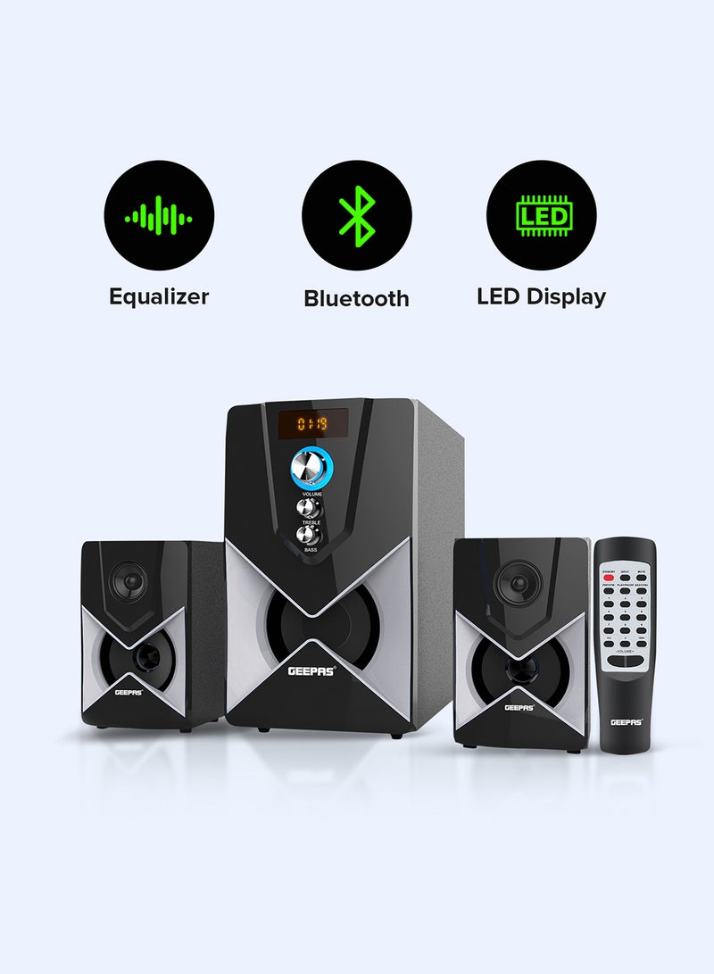 GEEPAS - 2.1-Channel Multimedia Speaker System With Remote Control & Panel Control, Bluetooth/ USB /FM & SD Card  20000W PMPO, GMS8515 Black GMS8515 Black - Image 1