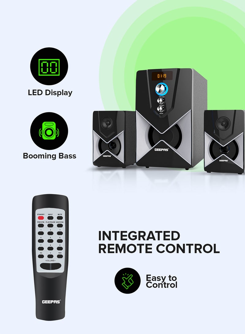 GEEPAS - 2.1-Channel Multimedia Speaker System With Remote Control & Panel Control, Bluetooth/ USB /FM & SD Card  20000W PMPO, GMS8515 Black GMS8515 Black - Image 1