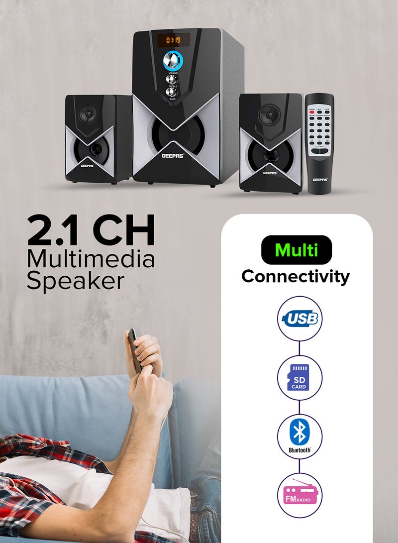 GEEPAS - 2.1-Channel Multimedia Speaker System With Remote Control & Panel Control, Bluetooth/ USB /FM & SD Card  20000W PMPO, GMS8515 Black GMS8515 Black - Image 1