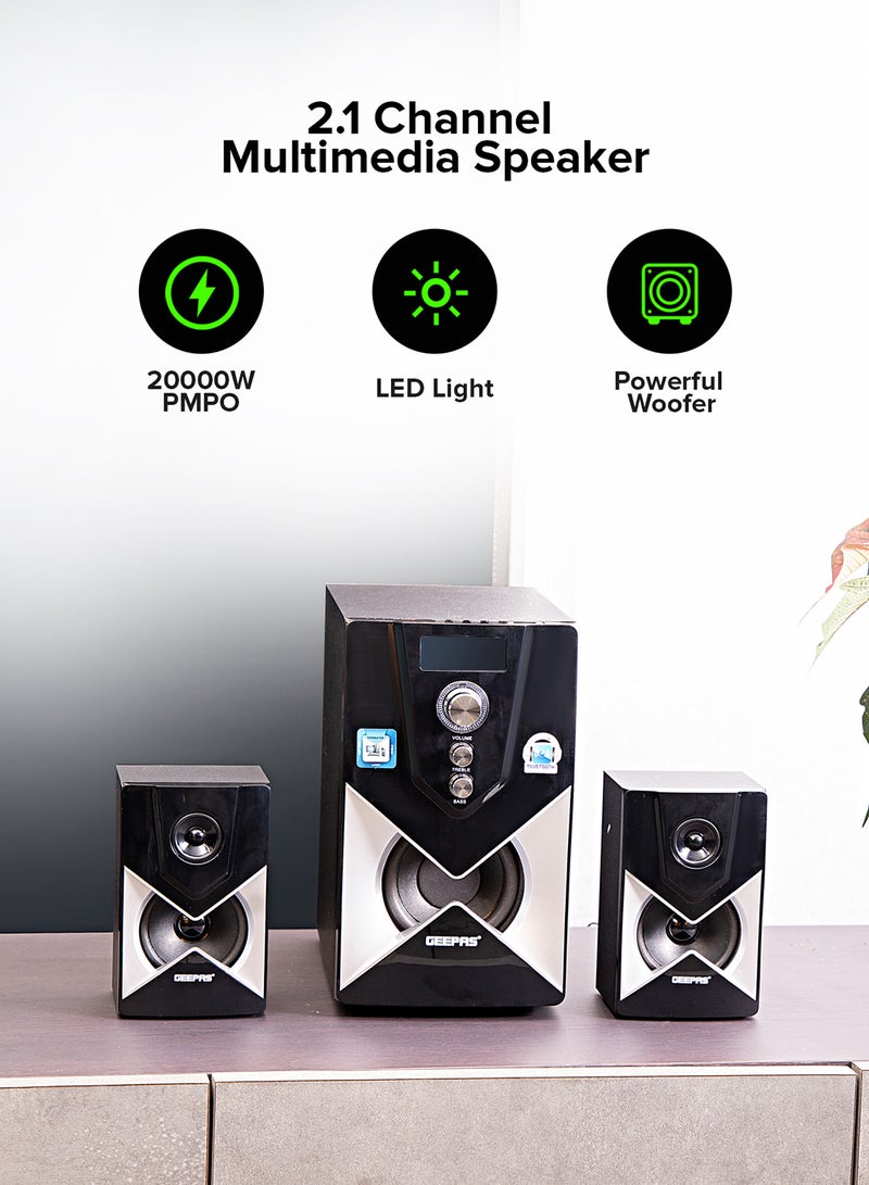 GEEPAS - 2.1-Channel Multimedia Speaker System With Remote Control & Panel Control, Bluetooth/ USB /FM & SD Card  20000W PMPO, GMS8515 Black GMS8515 Black - Image 1