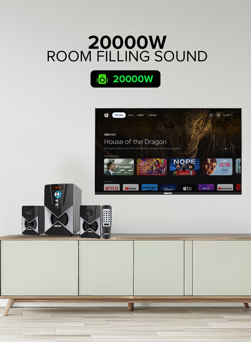 GEEPAS - 2.1-Channel Multimedia Speaker System With Remote Control & Panel Control, Bluetooth/ USB /FM & SD Card  20000W PMPO, GMS8515 Black GMS8515 Black - Image 1