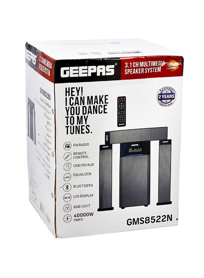 GEEPAS - 3.1 Ch Multimedia Speaker System, Remote Control, | Booming Bass | USB, Bluetooth, FM Radio And Multiple Device Inputs | LED Display | RGB Light | Equalizers GMS8522 Black - Image 1