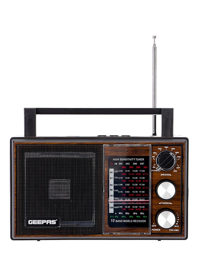GEEPAS Rechargeable Radio BT/FM/MP3/TF/USB Music Player, 10 Band Radio ,Bluetooth Speaker Lightweight Portable FM Radio Stylish Retro Design GR6842N Brown/Black  - Image 1