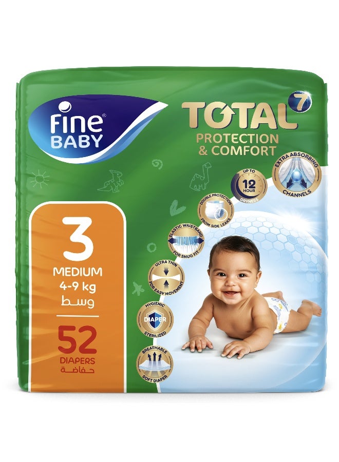 Fine Baby Total 7 Diapers, Size 3 Medium (6-10 kg), 52 Count – Soft, Absorbent & Leak Proof Baby Diapers - Image 1